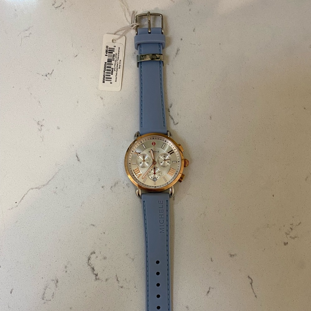 Michele Sport Sail Silicone Wrapped Rose Gold Plated with Light Blue Strap